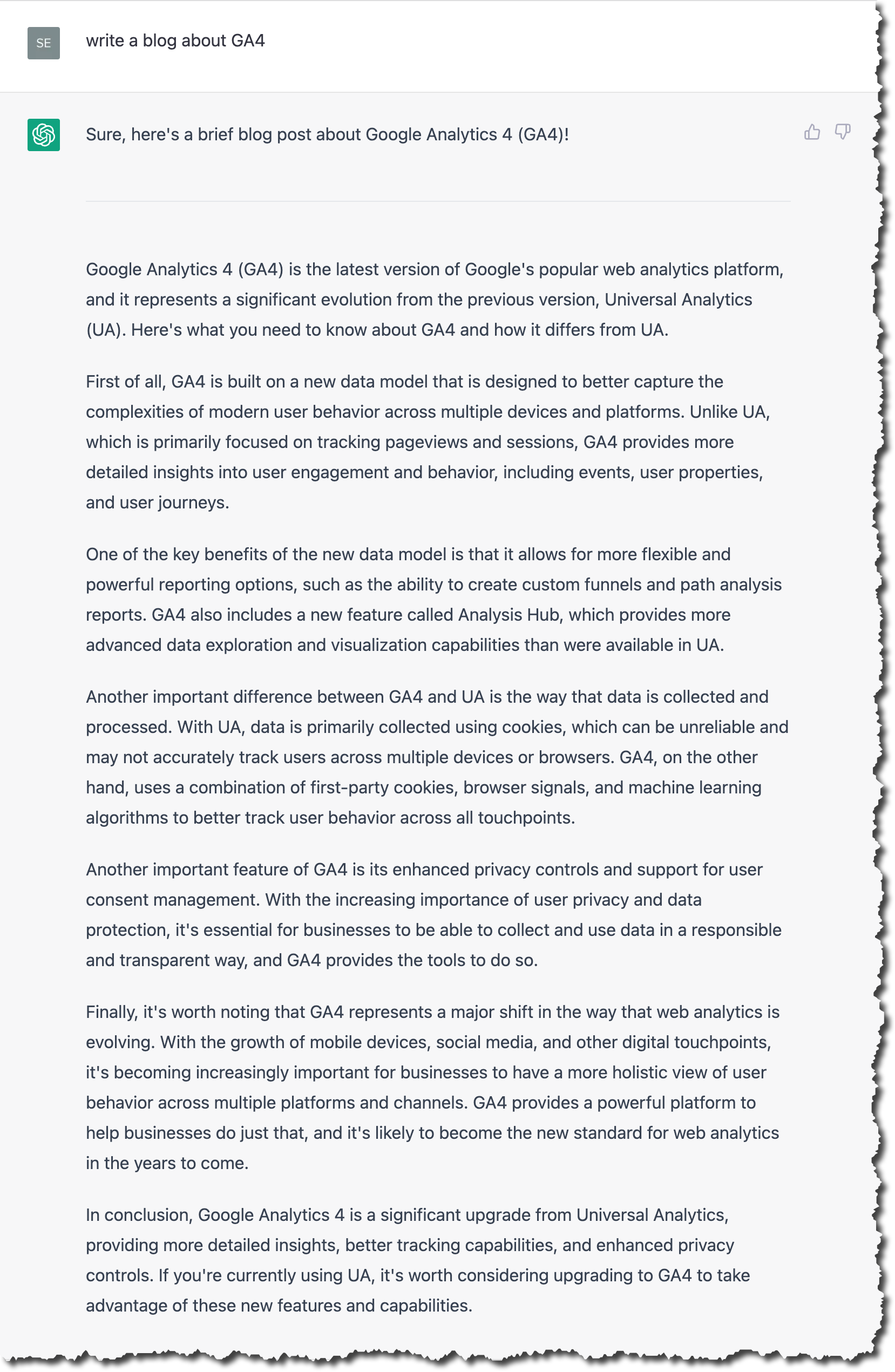 Image showing the screen capture of the ChatGPT response to the request 'write a blog about GA4 '