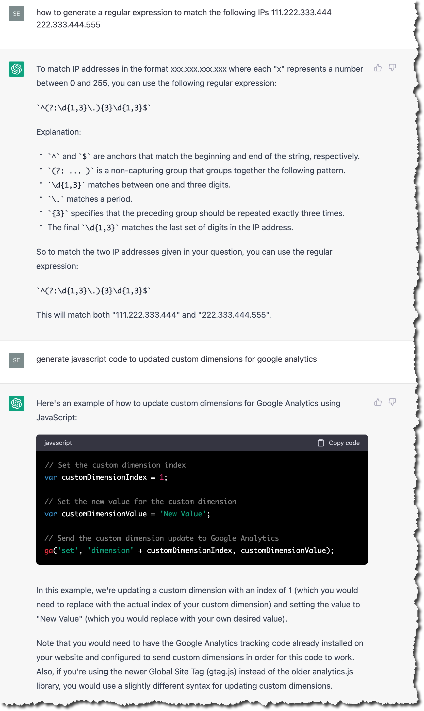 Image showing the screen capture of the ChatGPT response to the question 'hot to generate a regular expression to match the following IPs 111.222.333.444 222.333.444.555'