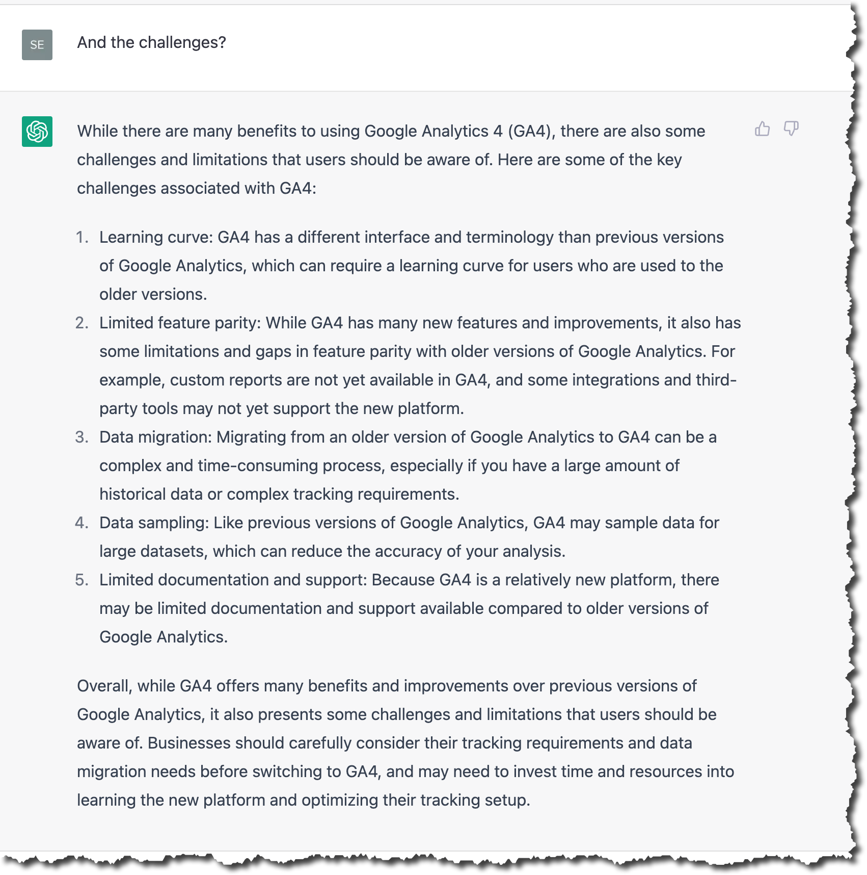 Image showing the screen capture of the ChatGPT response to the question 'And the challenges?'