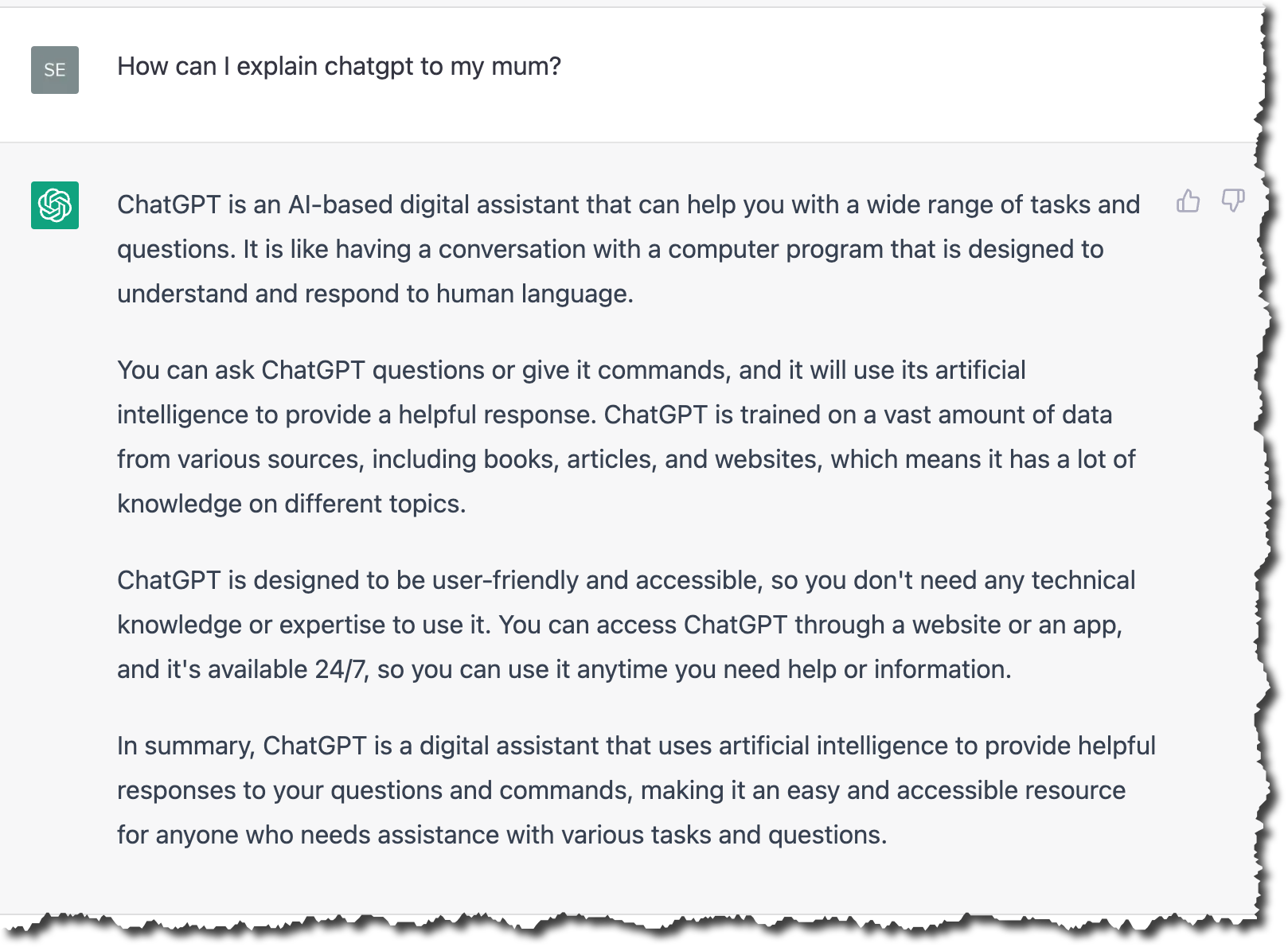 Image showing the screen capture of the ChatGPT response to the question 'How can i explain chatgpt to my mum?'